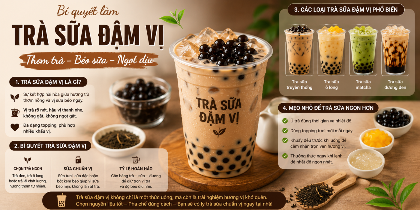 Thưởng thức trà sữa đậm vị với nguyên liệu chất lượng, hương vị cân bằng, topping đa dạng và trải nghiệm thơm ngon khó quên mỗi ngày.